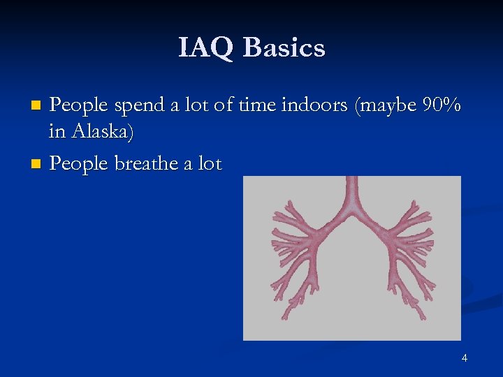 IAQ Basics People spend a lot of time indoors (maybe 90% in Alaska) n