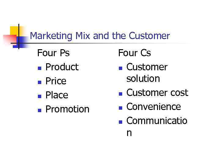 Marketing Mix and the Customer Four Ps n Product n Price n Place n