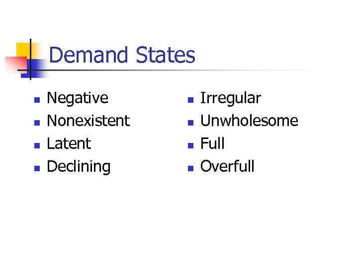 Demand States n n Negative Nonexistent Latent Declining n n Irregular Unwholesome Full Overfull
