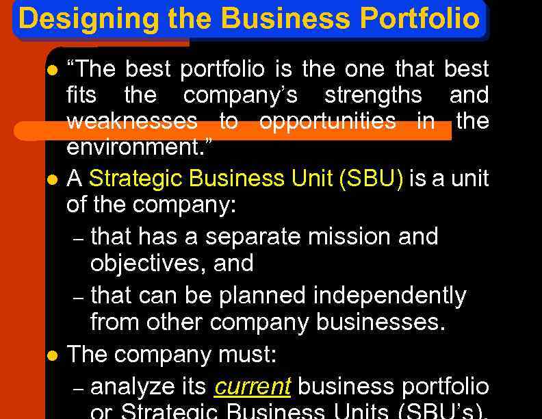 Designing the Business Portfolio “The best portfolio is the one that best fits the