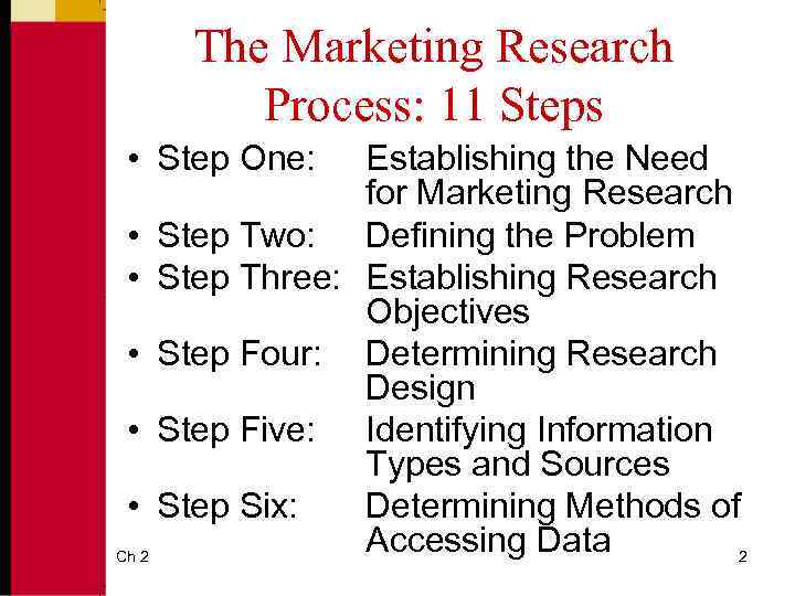 The Marketing Research Process: 11 Steps • Step One: Establishing the Need for Marketing