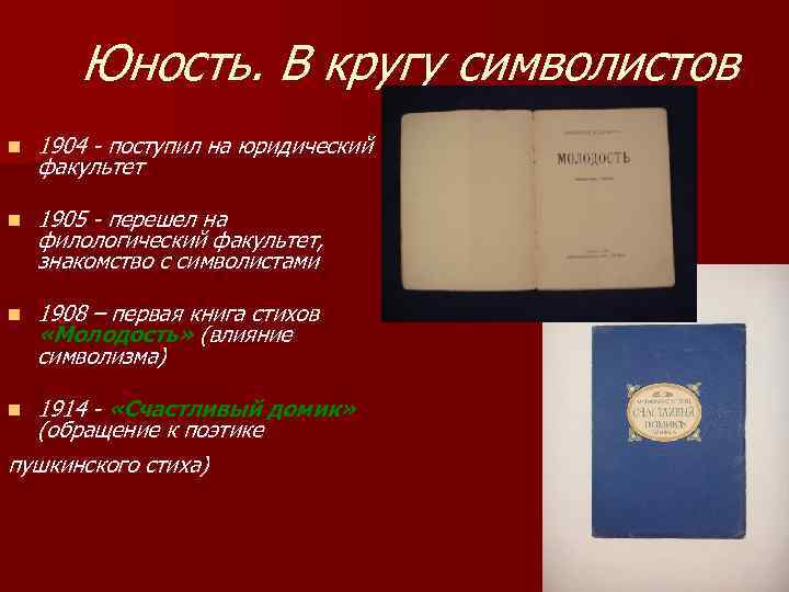  Юность. В кругу символистов n 1904 - поступил на юридический факультет n 1905