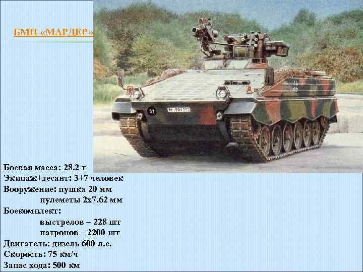 БМП «МАРДЕР» Боевая масса: 28. 2 т Экипаж+десант: 3+7 человек Вооружение: пушка 20 мм