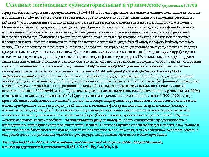 Сезонные листопадные субэкваториальные и тропические (муссонные) леса Прирост (чистая первичная продуктивность) 100 -250 ц/га