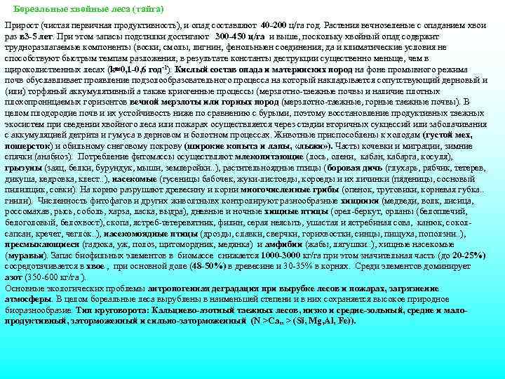 Бореальные хвойные леса (тайга) Прирост (чистая первичная продуктивность), и опад составляют 40 -200 ц/га