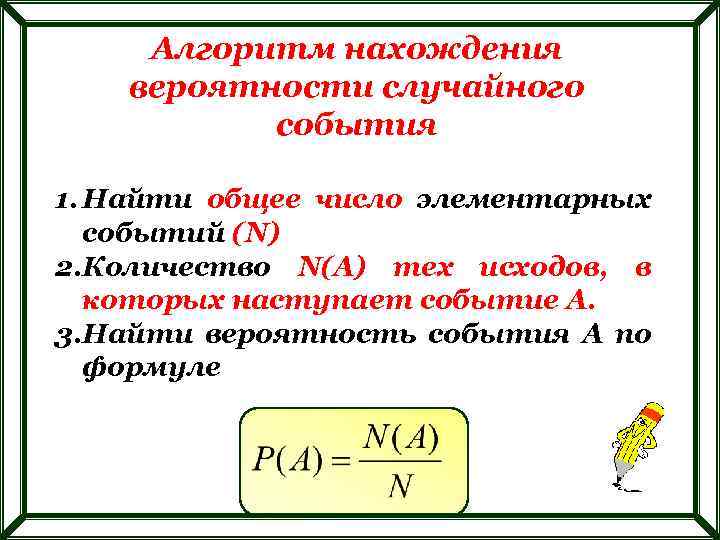 Алгоритм нахождения вероятности случайного события 1. Найти общее число элементарных событий (N) 2. Количество