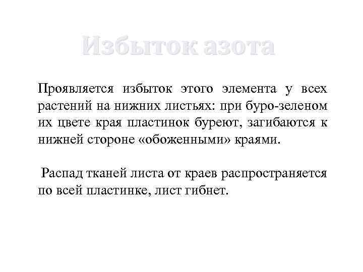 Избыток азота Проявляется избыток этого элемента у всех растений на нижних листьях: при буро-зеленом