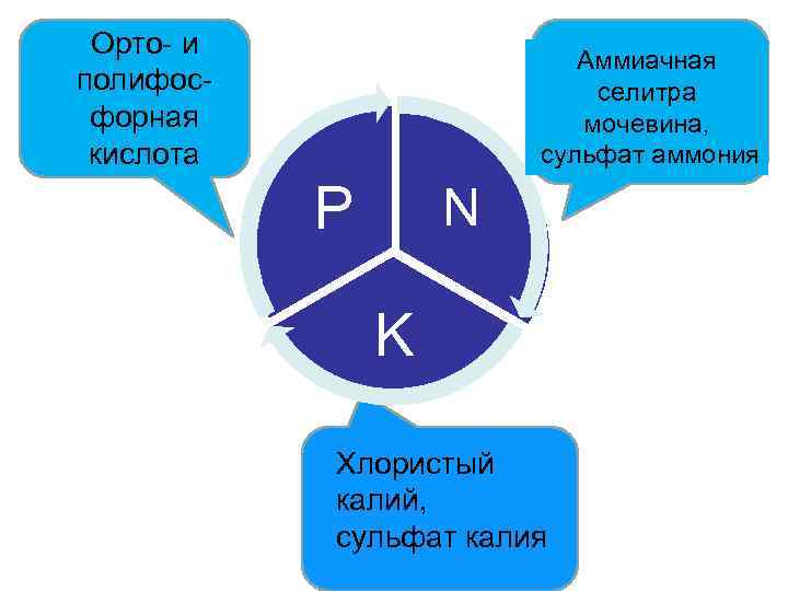 Орто- и полифосфорная кислота Аммиачная селитра мочевина, сульфат аммония P N K Хлористый калий,