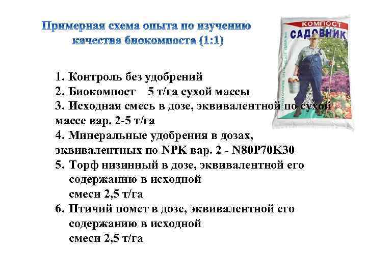 1. Контроль без удобрений 2. Биокомпост 5 т/га сухой массы 3. Исходная смесь в