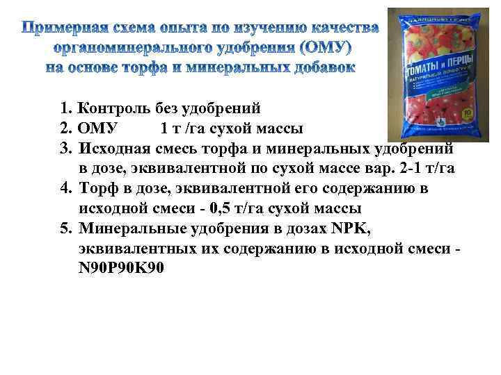 1. Контроль без удобрений 2. ОМУ 1 т /га сухой массы 3. Исходная смесь