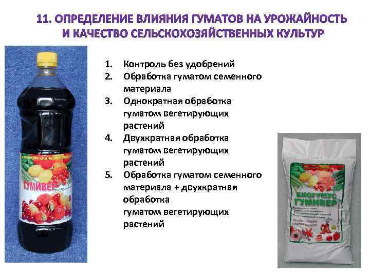 1. Контроль без удобрений 2. Обработка гуматом семенного материала 3. Однократная обработка гуматом вегетирующих