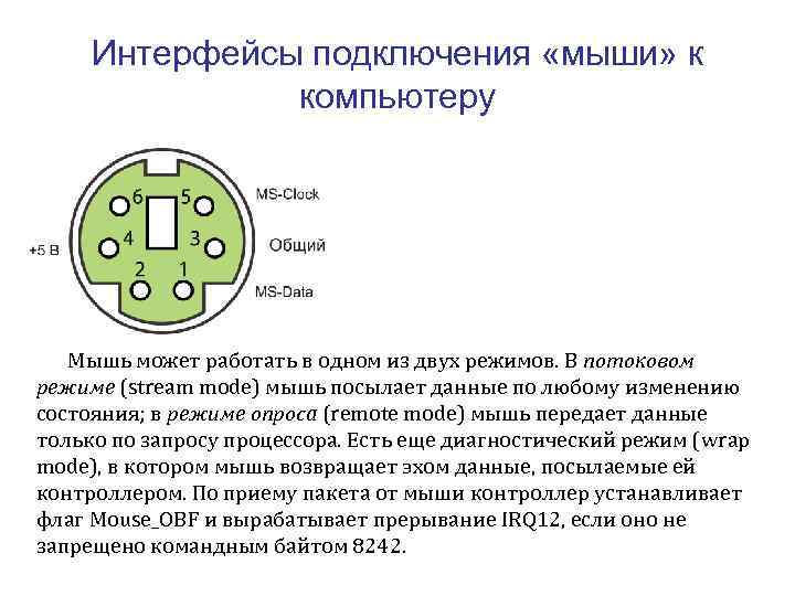 Интерфейсы подключения «мыши» к компьютеру Мышь может работать в одном из двух режимов. В