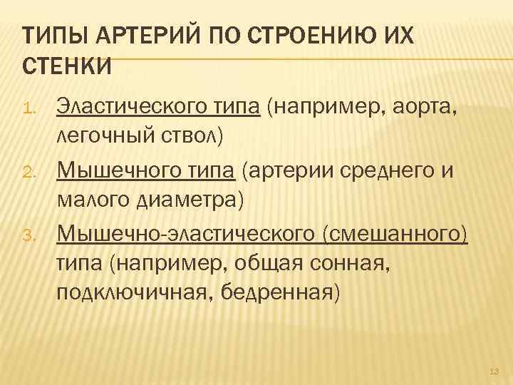 ТИПЫ АРТЕРИЙ ПО СТРОЕНИЮ ИХ СТЕНКИ 1. 2. 3. Эластического типа (например, аорта, легочный