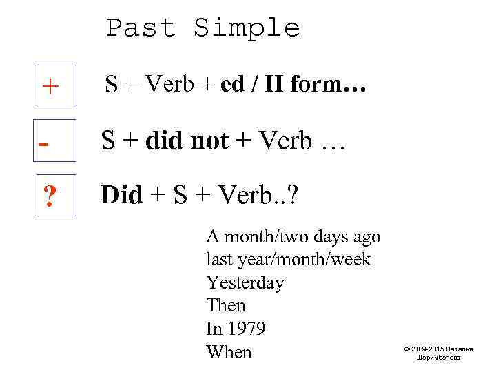 Past Simple + S + Verb + ed / II form… - S +