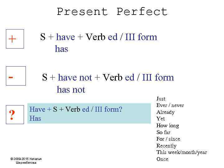 Present Perfect + S + have + Verb ed / III form has -