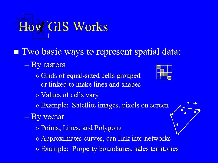 How GIS Works n Two basic ways to represent spatial data: – By rasters