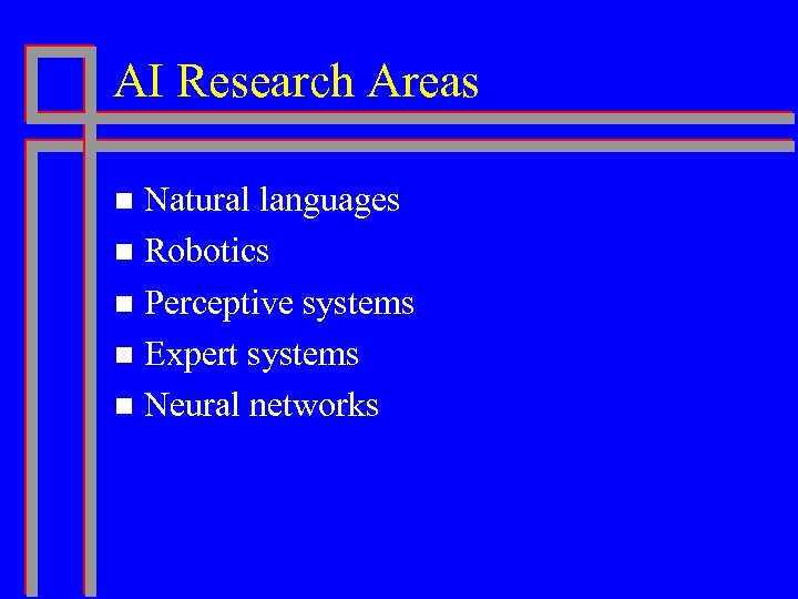 AI Research Areas Natural languages n Robotics n Perceptive systems n Expert systems n