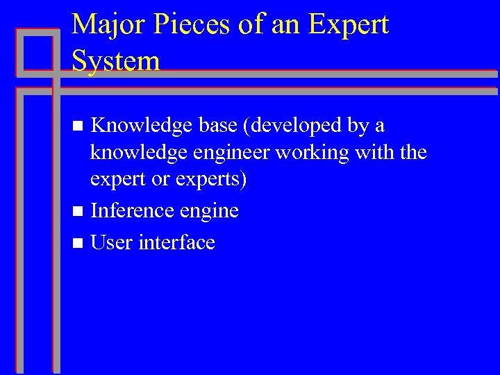 Major Pieces of an Expert System Knowledge base (developed by a knowledge engineer working