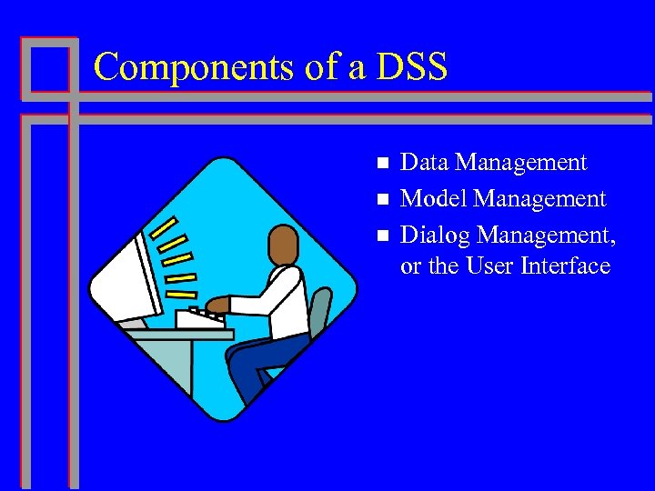 Components of a DSS n n n Data Management Model Management Dialog Management, or