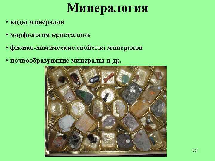 Минералогия • виды минералов • морфология кристаллов • физико-химические свойства минералов • почвообразующие минералы