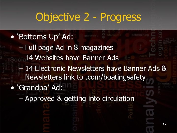 Objective 2 - Progress • ‘Bottoms Up’ Ad: – Full page Ad in 8