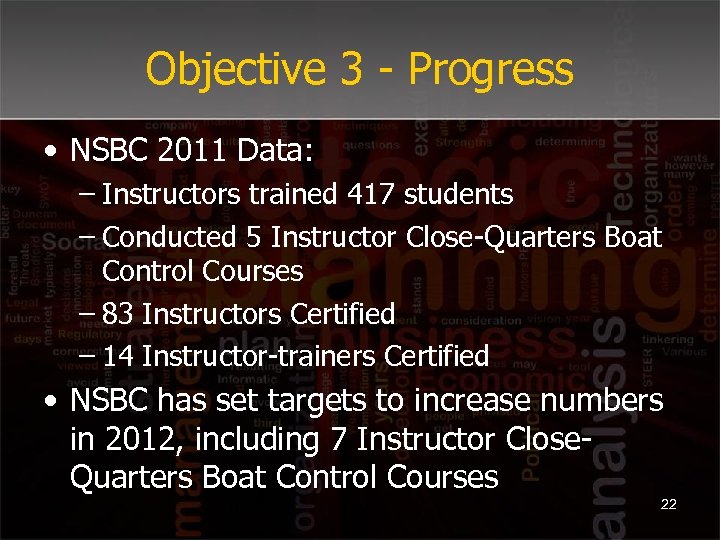 Objective 3 - Progress • NSBC 2011 Data: – Instructors trained 417 students –