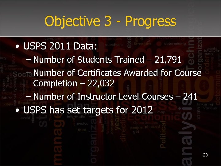 Objective 3 - Progress • USPS 2011 Data: – Number of Students Trained –