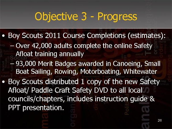 Objective 3 - Progress • Boy Scouts 2011 Course Completions (estimates): – Over 42,