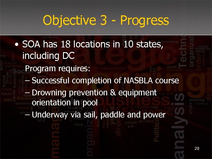 Objective 3 - Progress • SOA has 18 locations in 10 states, including DC