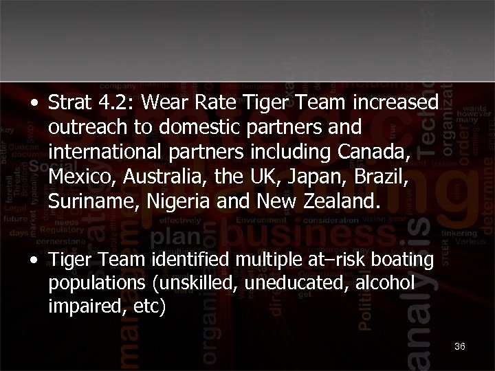  • Strat 4. 2: Wear Rate Tiger Team increased outreach to domestic partners
