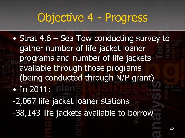 Objective 4 - Progress • Strat 4. 6 – Sea Tow conducting survey to
