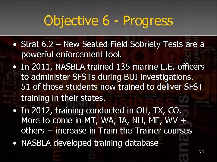 Objective 6 - Progress • Strat 6. 2 – New Seated Field Sobriety Tests
