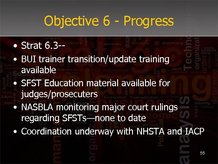 Objective 6 - Progress • Strat 6. 3 -- • BUI trainer transition/update training