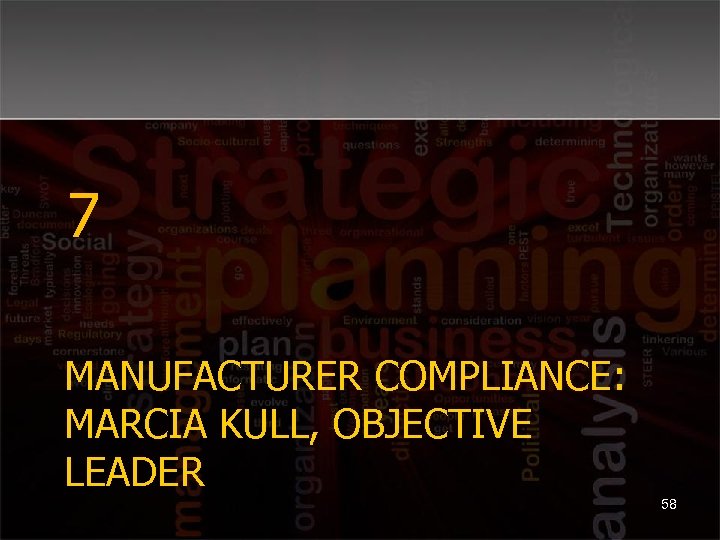 7 MANUFACTURER COMPLIANCE: MARCIA KULL, OBJECTIVE LEADER 58 