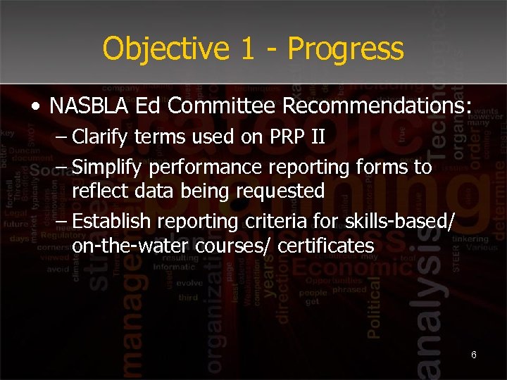 Objective 1 - Progress • NASBLA Ed Committee Recommendations: – Clarify terms used on