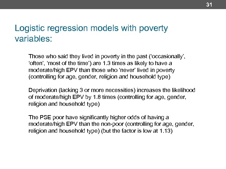 31 Logistic regression models with poverty variables: Those who said they lived in poverty