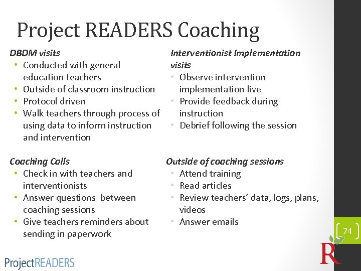 Project READERS Coaching DBDM visits • Conducted with general education teachers • Outside of