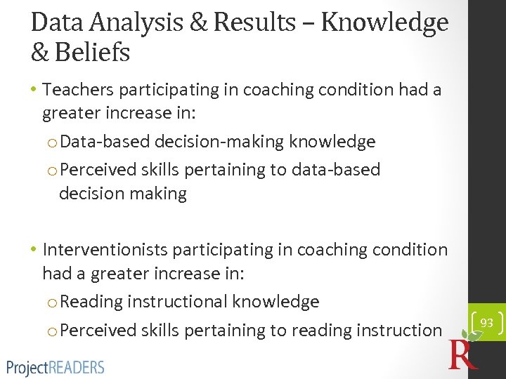 Data Analysis & Results – Knowledge & Beliefs • Teachers participating in coaching condition