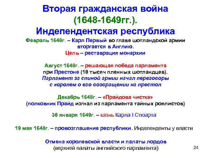 Вторая гражданская война (1648 -1649 гг. ). Индепендентская республика Февраль 1648 г. – Карл