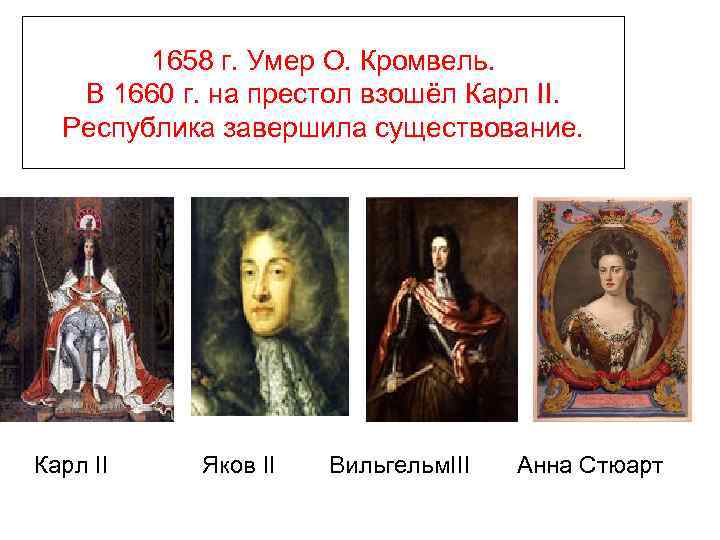 1658 г. Умер О. Кромвель. В 1660 г. на престол взошёл Карл II. Республика