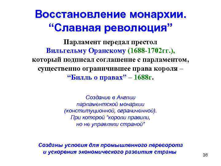 Восстановление монархии. “Славная революция” Парламент передал престол Вильгельму Оранскому (1688 -1702 гг. ), который
