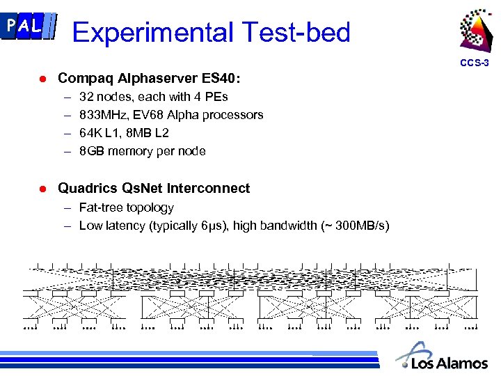 PAL Experimental Test-bed CCS-3 l Compaq Alphaserver ES 40: – – l 32 nodes,