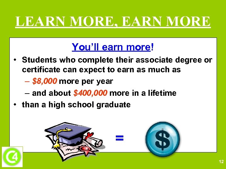 LEARN MORE, EARN MORE You’ll earn more! • Students who complete their associate degree