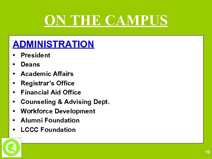 ON THE CAMPUS ADMINISTRATION • • • President Deans Academic Affairs Registrar’s Office Financial