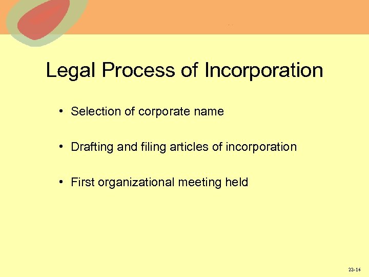 Legal Process of Incorporation • Selection of corporate name • Drafting and filing articles