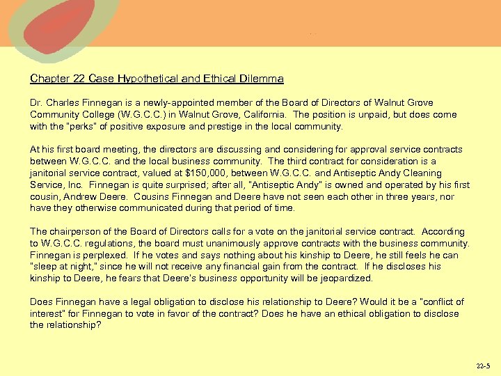 Chapter 22 Case Hypothetical and Ethical Dilemma Dr. Charles Finnegan is a newly-appointed member
