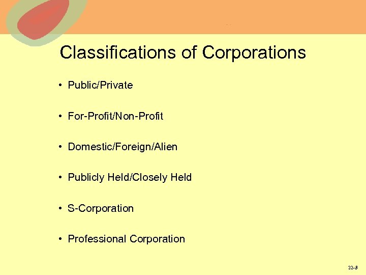 Classifications of Corporations • Public/Private • For-Profit/Non-Profit • Domestic/Foreign/Alien • Publicly Held/Closely Held •