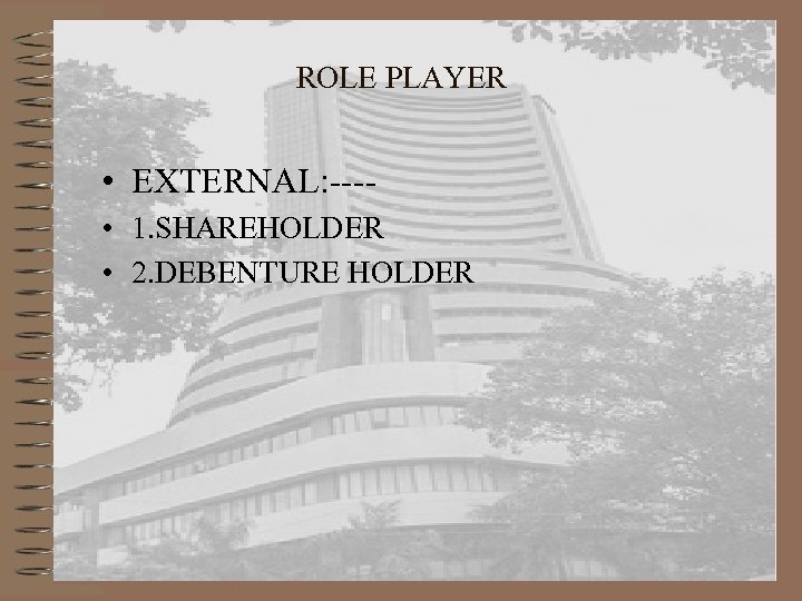 ROLE PLAYER • EXTERNAL: --- • 1. SHAREHOLDER • 2. DEBENTURE HOLDER 