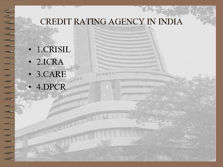 CREDIT RATING AGENCY IN INDIA • • 1. CRISIL 2. ICRA 3. CARE 4.