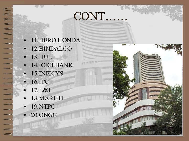 CONT…… • • • 11. HERO HONDA 12. HINDALCO 13. HUL 14. ICICI BANK